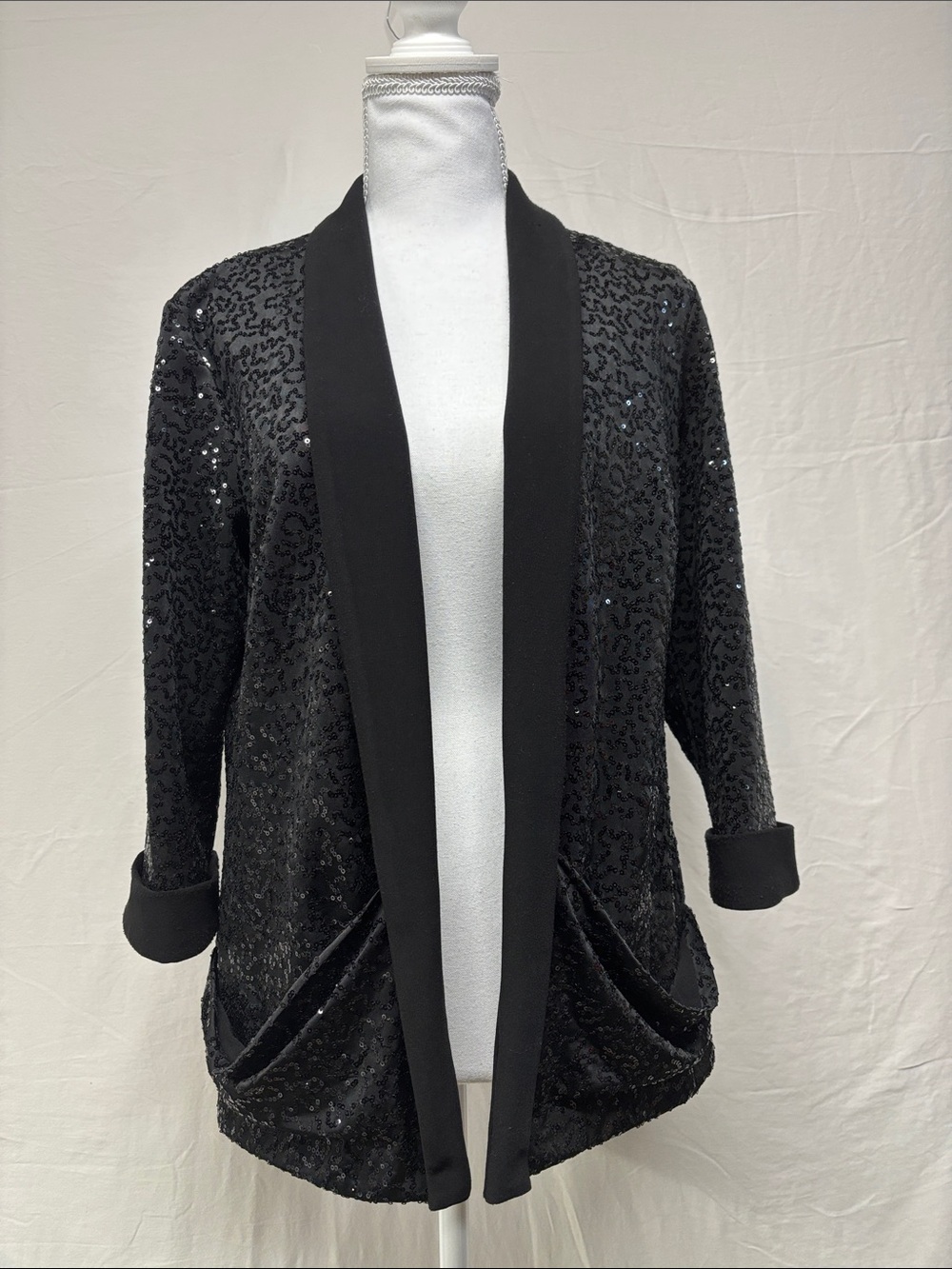 Frank Lyman Design Black Sequin Open-Front Blazer